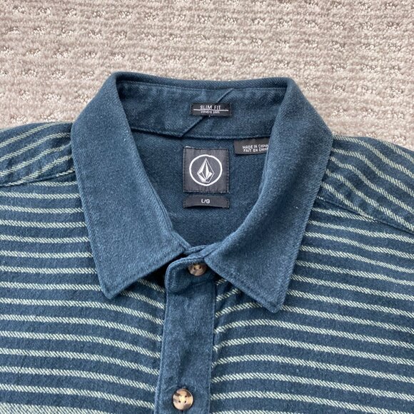 VOLCOM Shirt Men Large L Navy Blue Striped Heavy Cotton Slim Fit Button Up Polo - Picture 3 of 8